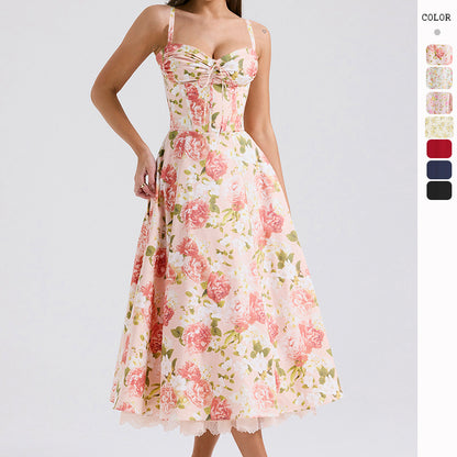 Europe and America cross border elegant floral series French summer strap gentle dress slimming floral strap dress