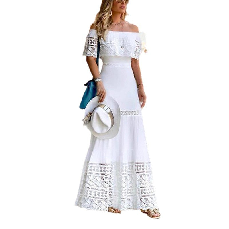2025 new European and American Foreign trade cross-border independent station Amazon Fashion off-neck stitching lace dress wholesale
