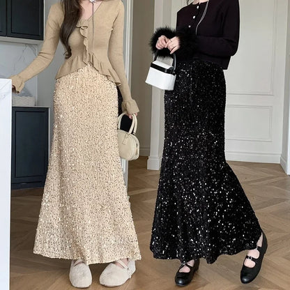 Heavy embroidery sequins long skirt women's autumn high waist design sense minority fashion skirt draping fishtail skirt slimming temperament