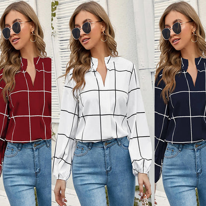 Amazon Autumn Stand Collar Long Sleeve Plaid Print Chiffon Women's Shirt |blouses,tops