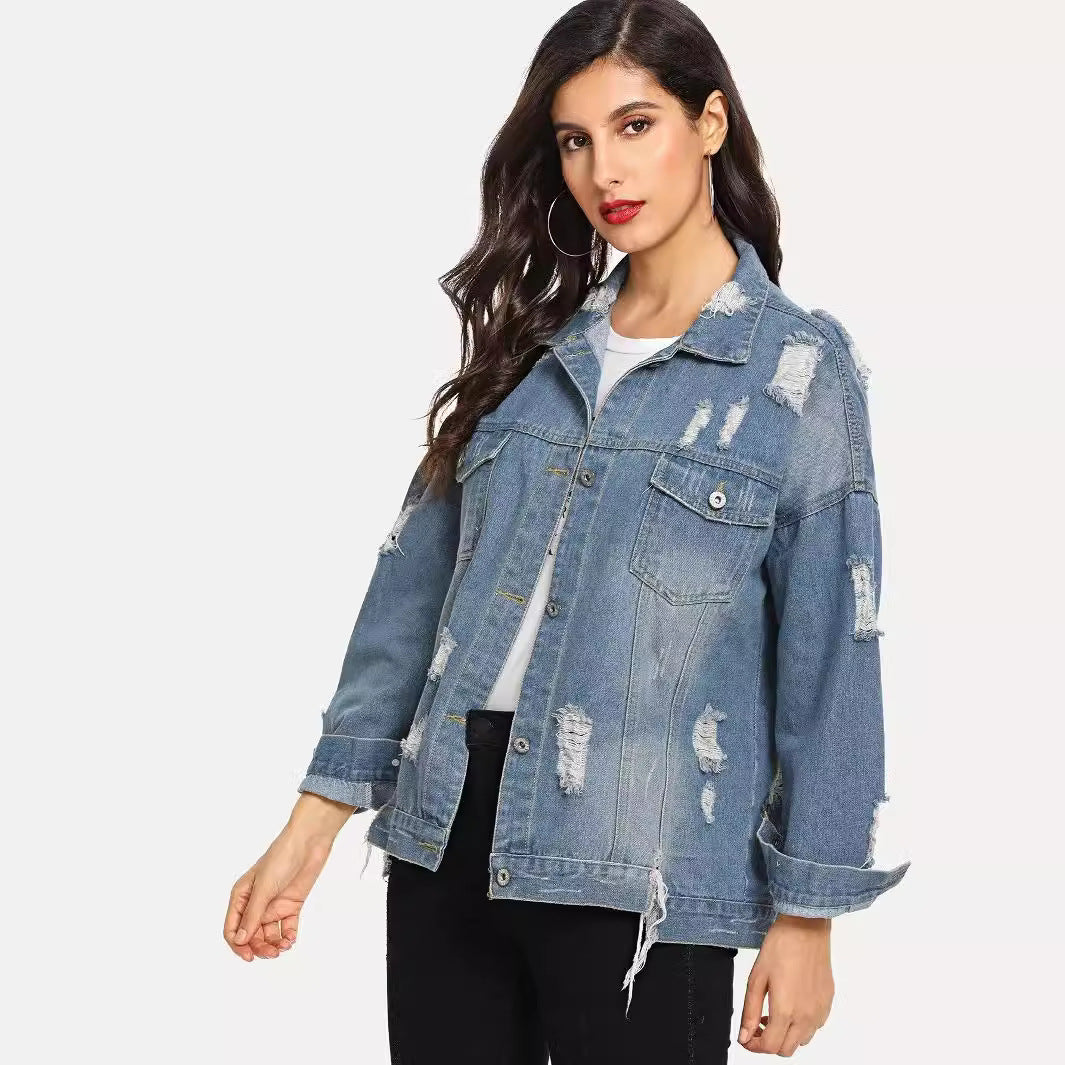 Autumn Winter New Women's Ripped Denim Jacket