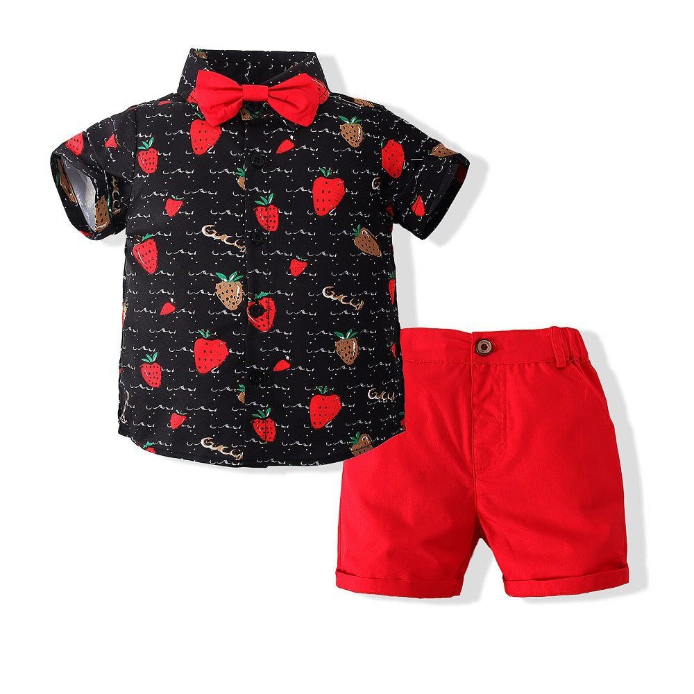 One Piece Summer New Boys Short Sleeve Strawberry Shirt Shorts Suit European And American Bow Tie Two Piece Wholesale