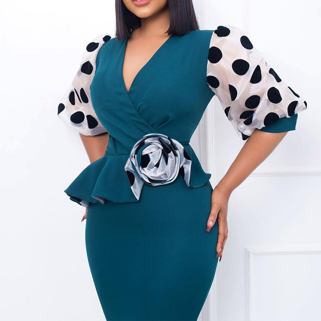 D3166 Amazon foreign trade plus size women's clothing 2022 new fashion dot mesh v-neck patchwork European and American style dress