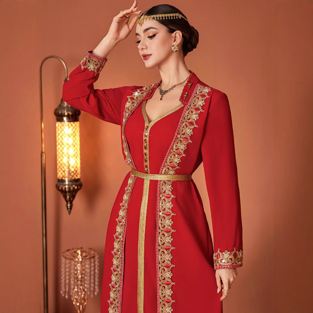 Arabische Geborduurde V-hals Lange Jurk