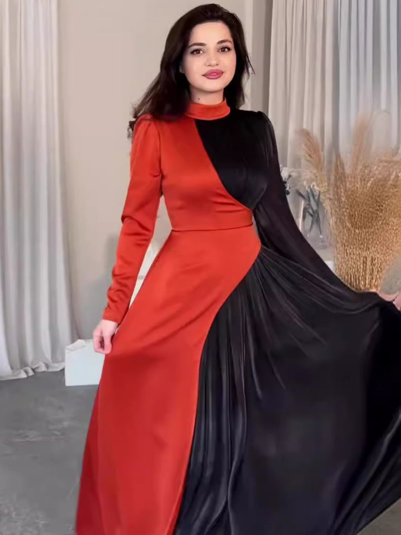 Amazon 2024 Europe and America cross border irregular color contrast patchwork dress high waist pleated slingback long dress for women