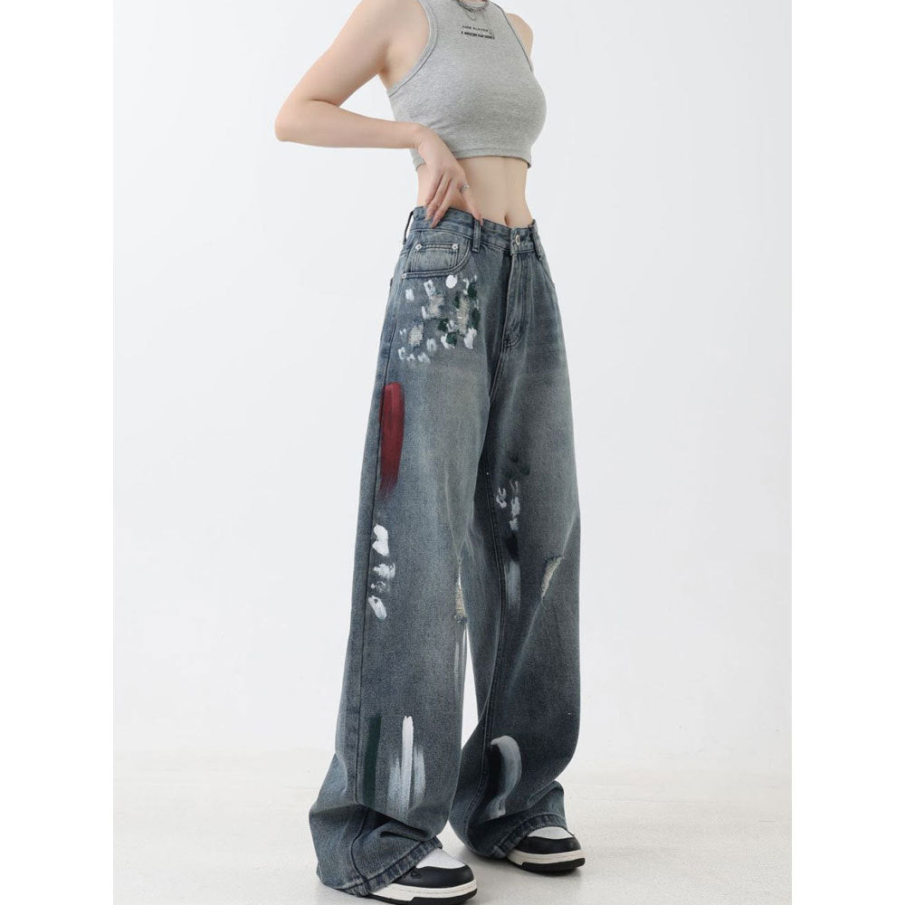 American retro splash-ink design ripped straight jeans women's summer loose High Street casual all-matching long pants