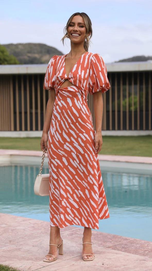 2023 Europe and America cross border independent station fresh sweet style printed V-neck A- line midi dress long dress ruffle sleeve