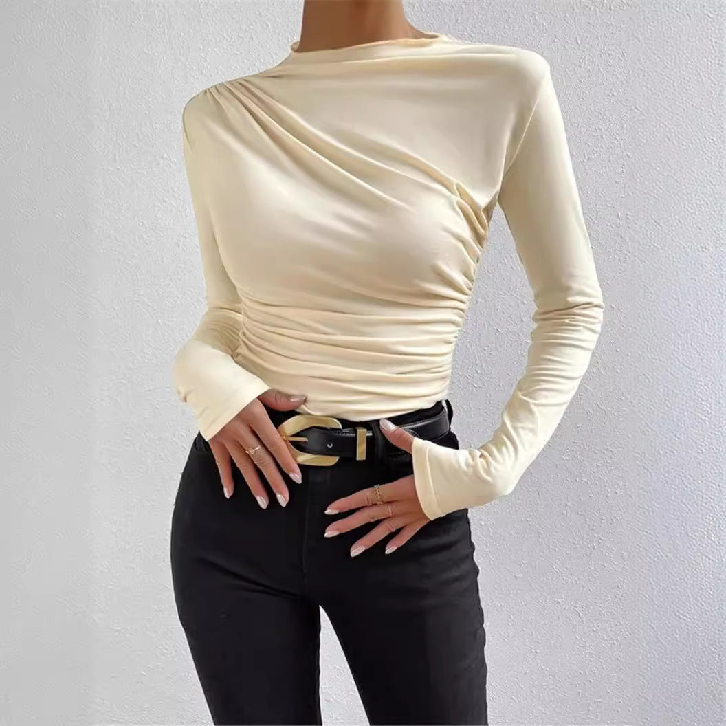 Cross-border 2025 European and American solid color slim bottoming shirt versatile pleated design long sleeve T-shirt women's top