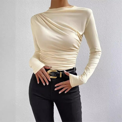 Cross-border 2025 European and American solid color slim bottoming shirt versatile pleated design long sleeve T-shirt women's top