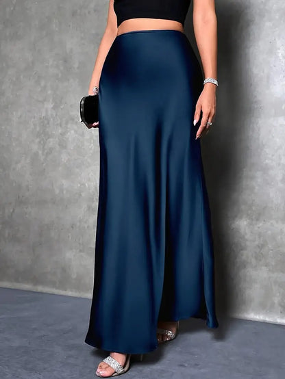 2026 Amazon Europe and America cross border Women's new elegant high waist women's solid color maxi satin fishtail skirt