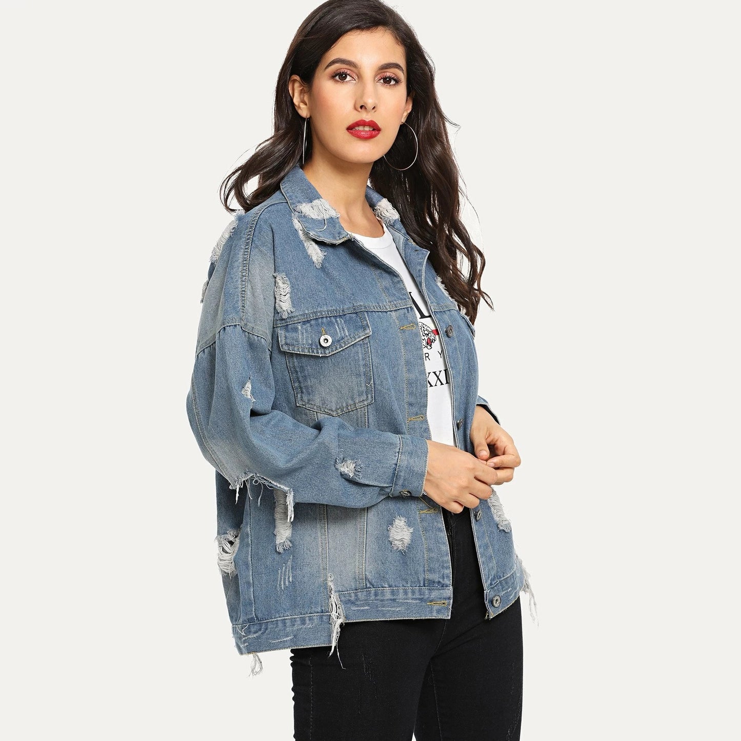 Autumn Winter New Women's Ripped Denim Jacket