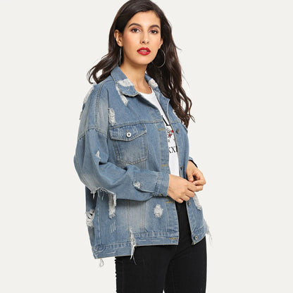Autumn Winter New Women's Ripped Denim Jacket