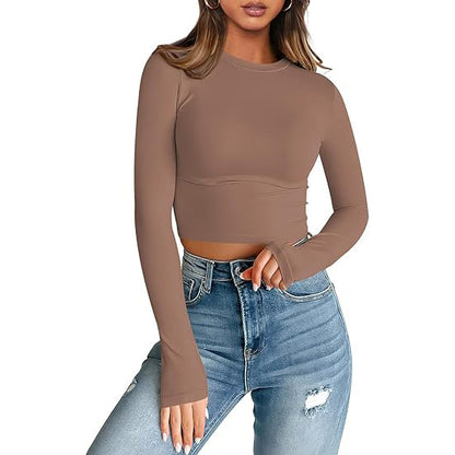 European and American style women long sleeves cropped T-shirt autumn top fashion basic slim hot girl shirt milk Silk women's clothing