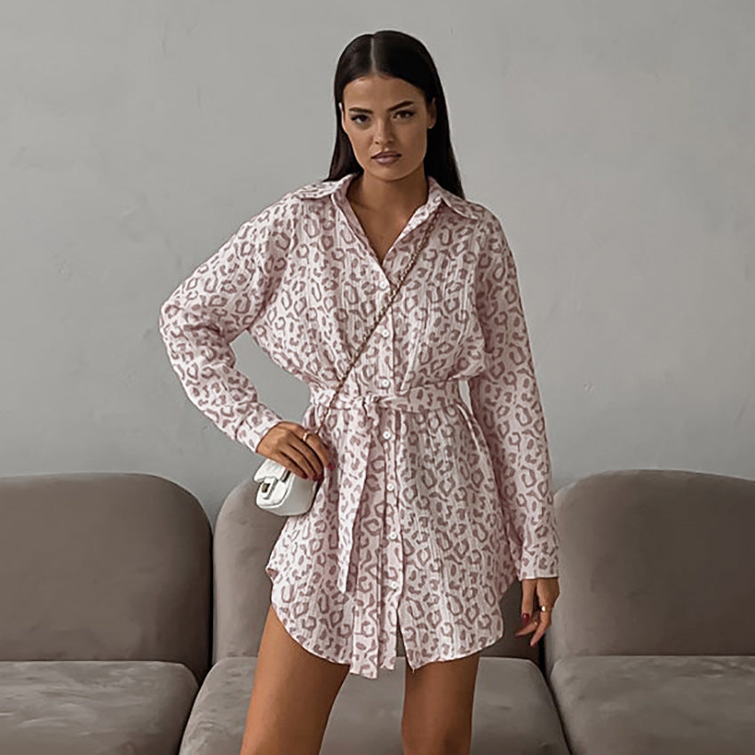 Autumn Crepe Cotton Leopard Print Pink Tie Front Women's Shirt |blouses,tops