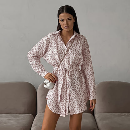 Autumn Crepe Cotton Leopard Print Pink Tie Front Women's Shirt |blouses,tops