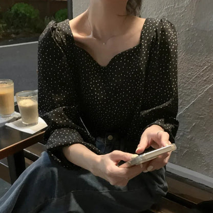 Autumn French style high sense retro anti-aging women's square collar off-shoulder contrast color polka-dot loose-fitting versatile long sleeve shirt