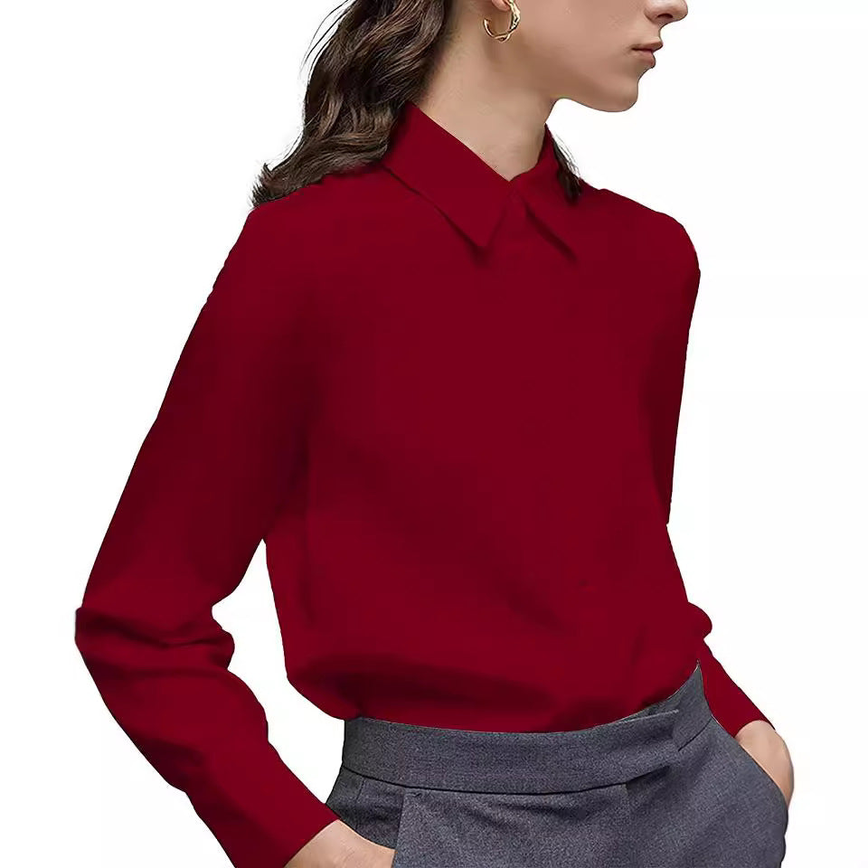 Women's regular button-down shirt long sleeve classic collared top work office casual chiffon shirt