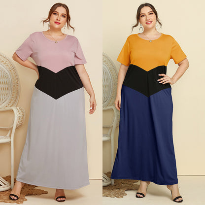 Spring and Summer new 2025 plus size women's clothing simple color matching long dress loose slimming short sleeve dress JR112