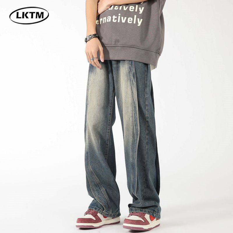 LKTM men's# American-style high-grade stitching jeans men's loose high street wide leg smooth straight-leg trousers