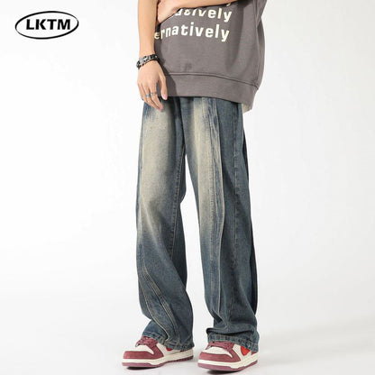 LKTM men's# American-style high-grade stitching jeans men's loose high street wide leg smooth straight-leg trousers