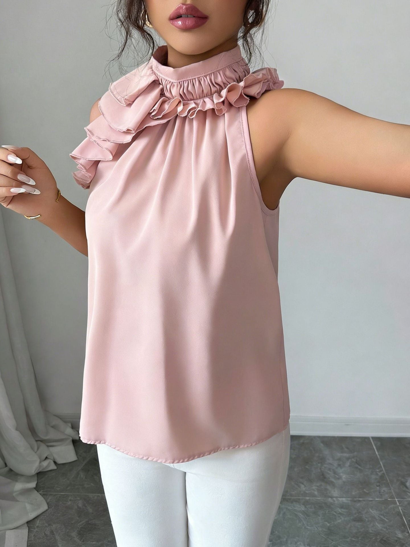 2026 cross-border European and American Amazon fashionable elegant petal collar halter off-shoulder slim sleeveless solid color top for women
