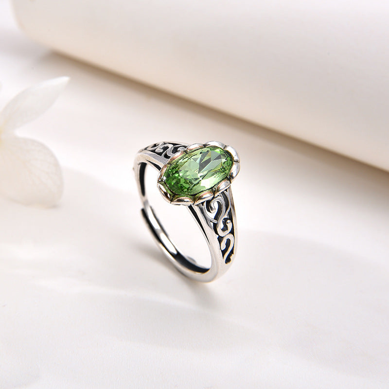 925 sterling silver green crystal ring female cross-border retro personality fashion hollowed-out unlimited design ring adjustable opening
