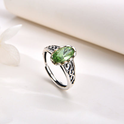 925 sterling silver green crystal ring female cross-border retro personality fashion hollowed-out unlimited design ring adjustable opening