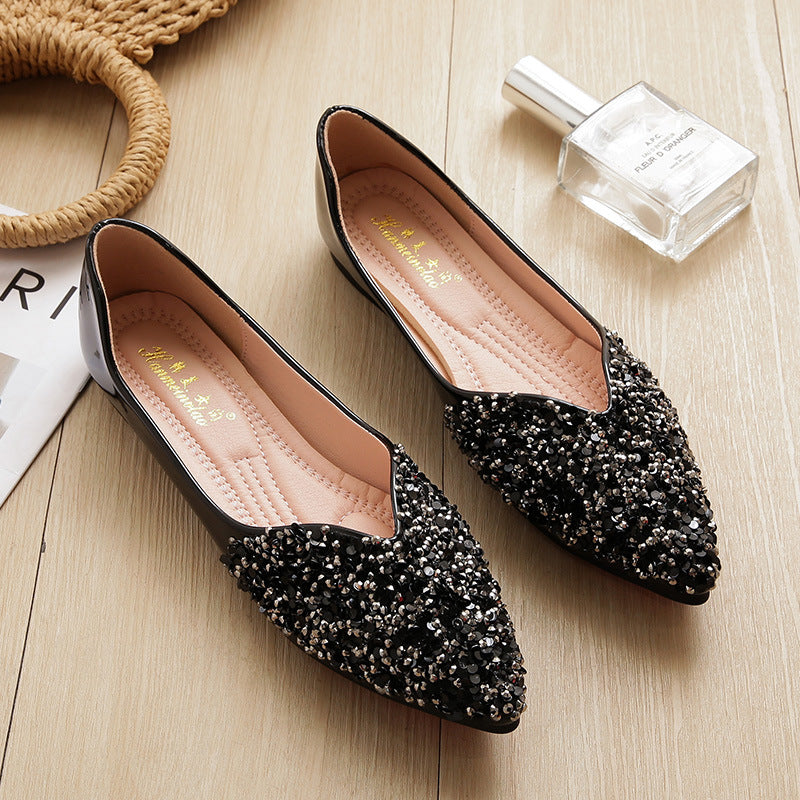 Apricot nude shoes women's spring and autumn 2025 pointed toe flat pumps plus size 41-43 women's shoes with diamonds black work shoes soft