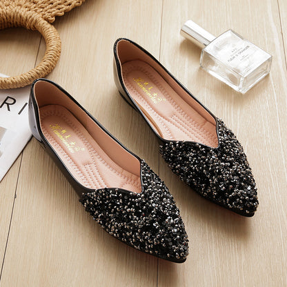 Apricot nude shoes women's spring and autumn 2025 pointed toe flat pumps plus size 41-43 women's shoes with diamonds black work shoes soft