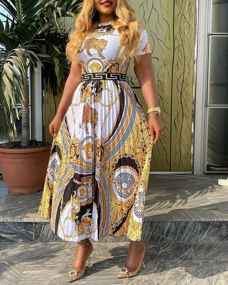 African Plus Size High Waist Short Sleeve Print Pleated Dress