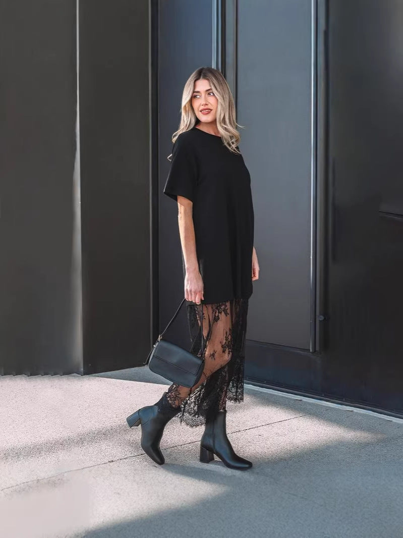 2026 Summer New Plump Girls’ Plus-Size Slimming Casual Solid-Color European and American Personalized Designer-Look Lace Patchwork Dress