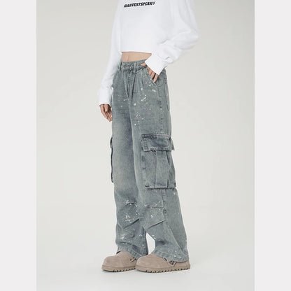American high street vibe splash ink cargo jeans female hip-hop fashionable brand multi-pocket design loose wide-leg pants
