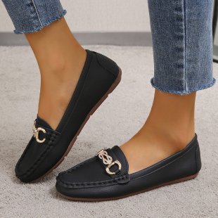 Plus size Doug shoes women 2025 Spring and Autumn New Korean style round head fashion metal chain flat casual shoes women