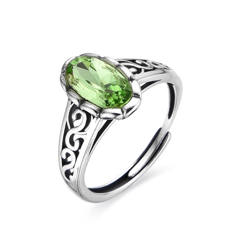 925 sterling silver green crystal ring female cross-border retro personality fashion hollowed-out unlimited design ring adjustable opening