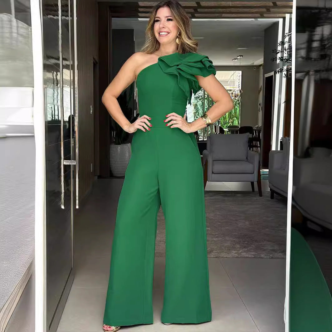 10400 cross-border Amazon European and American fashion women's wear jumpsuit oblique shoulder ruffles design high waist jumpsuit