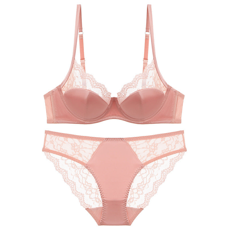 Cross-border sexy underwear women's French thin satin stitching lace underwear big chest small anti-SAG bra suit