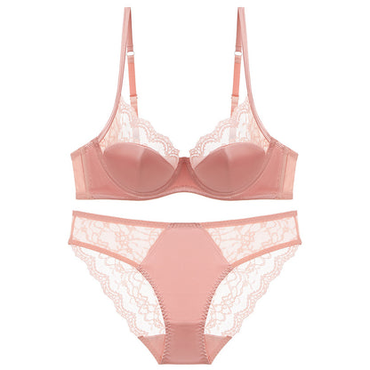 Cross-border sexy underwear women's French thin satin stitching lace underwear big chest small anti-SAG bra suit