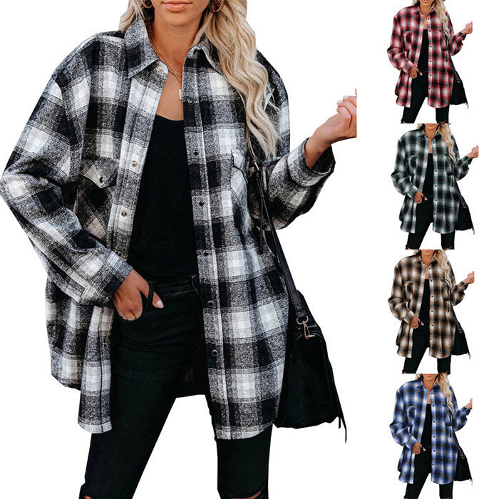 European and American women's clothing autumn and winter New Plaid women's shirt 2025 Amazon mid-length loose lapels cardigan shirt