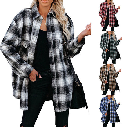 European and American women's clothing autumn and winter New Plaid women's shirt 2025 Amazon mid-length loose lapels cardigan shirt