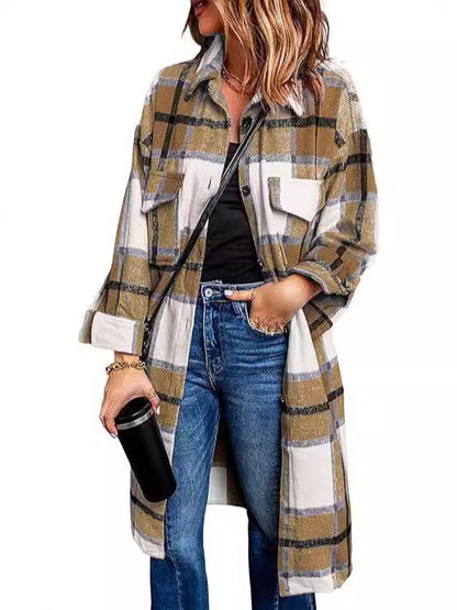 Women's 2024 mid-length plaid jacket long sleeve button shirt fashion Winter brushed woolen dress and coat