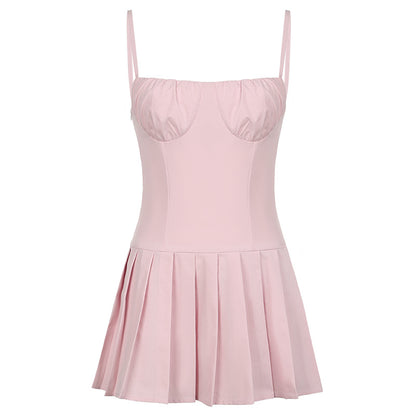 European and American girls fashion small fresh solid color chest shape slim fit waist-controlled slimming design A swing strap pleated dress short batch
