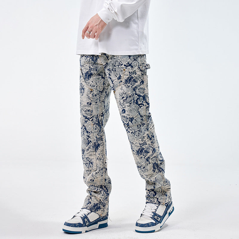 *** Design sense niche jeans men fashion brands jacquard loose hole straight autumn and winter high-end jacquard pants