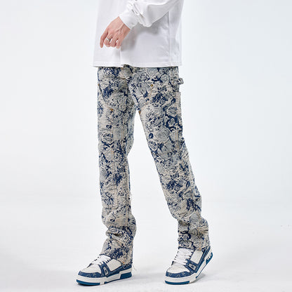 *** Design sense niche jeans men fashion brands jacquard loose hole straight autumn and winter high-end jacquard pants