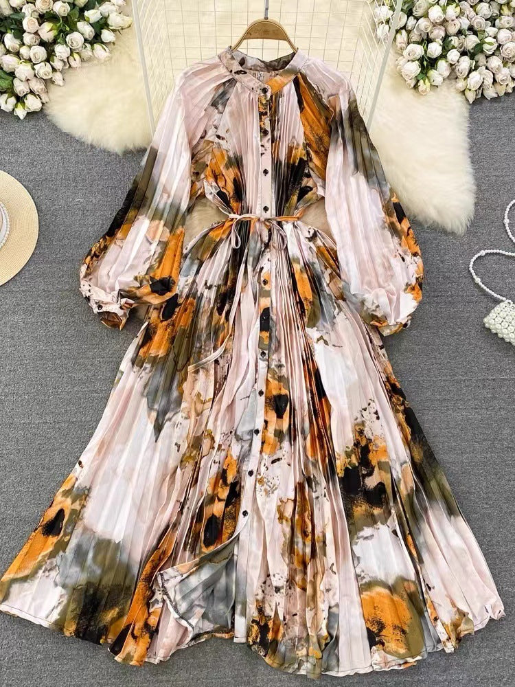 Luxe lange lantaarmouwen knopen ceintuur bedrukte maxi-jurk