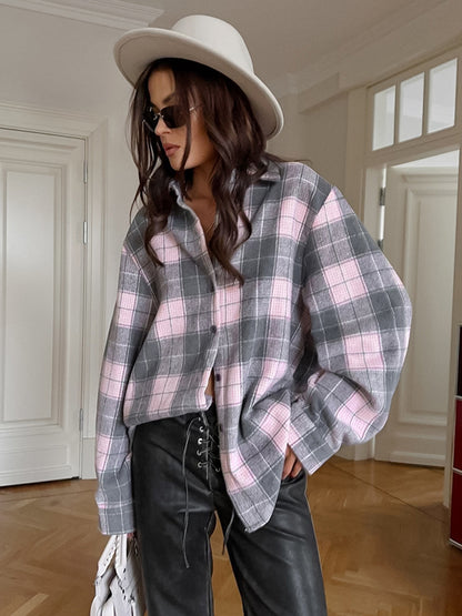 Spring New Color Block Plaid Shirt Loose Casual Women's Shirt Cardigan |tops