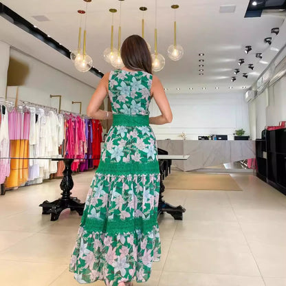 Russian floral print patchwork dress Sleeveless V-neck A-line