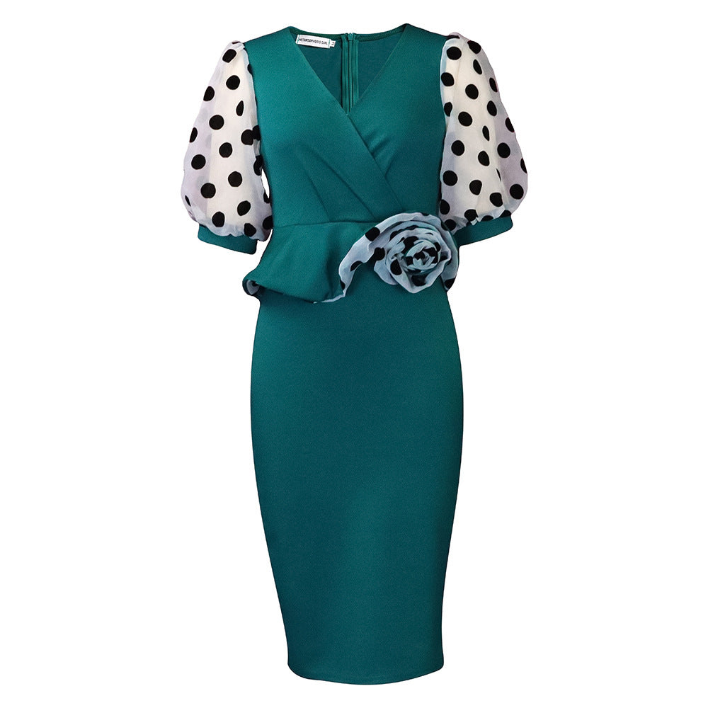 D3166 Amazon foreign trade plus size women's clothing 2022 new fashion dot mesh v-neck patchwork European and American style dress