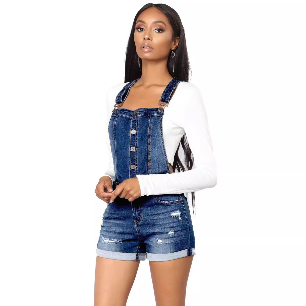 Elastische Denim Shortalls met Knoopsluiting – Trendy Casual
