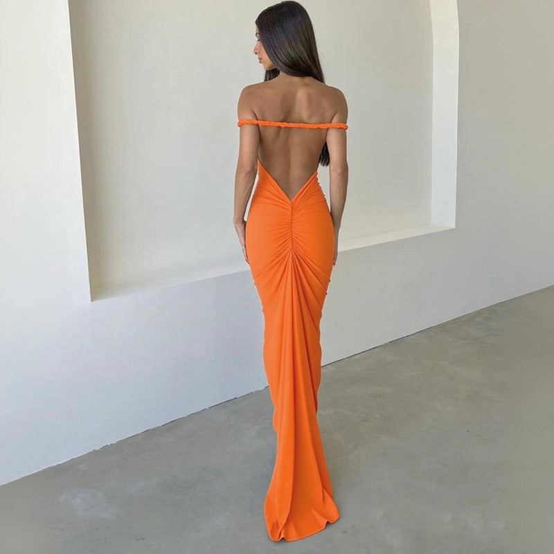 European and American style 2024 cross-border spring summer women's wear new halter bare back pleating sheath sexy maxi dress