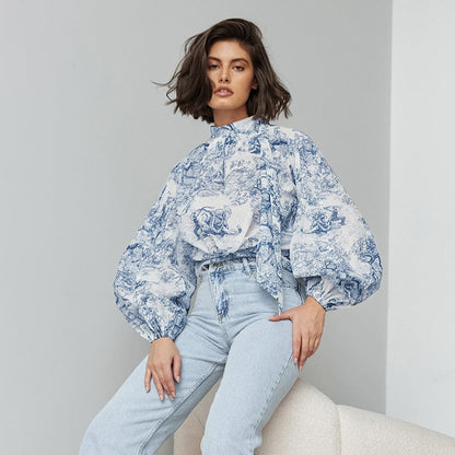 Chinese Style Ink Painting Women's Shirt Autumn New Lantern Sleeve Stand Collar Top |blouses,tops
